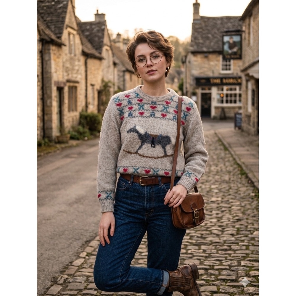 Vintage Eddie Bauer Rocking Horse Wool Sweater Womens Medium Oatmeal Fair Isle